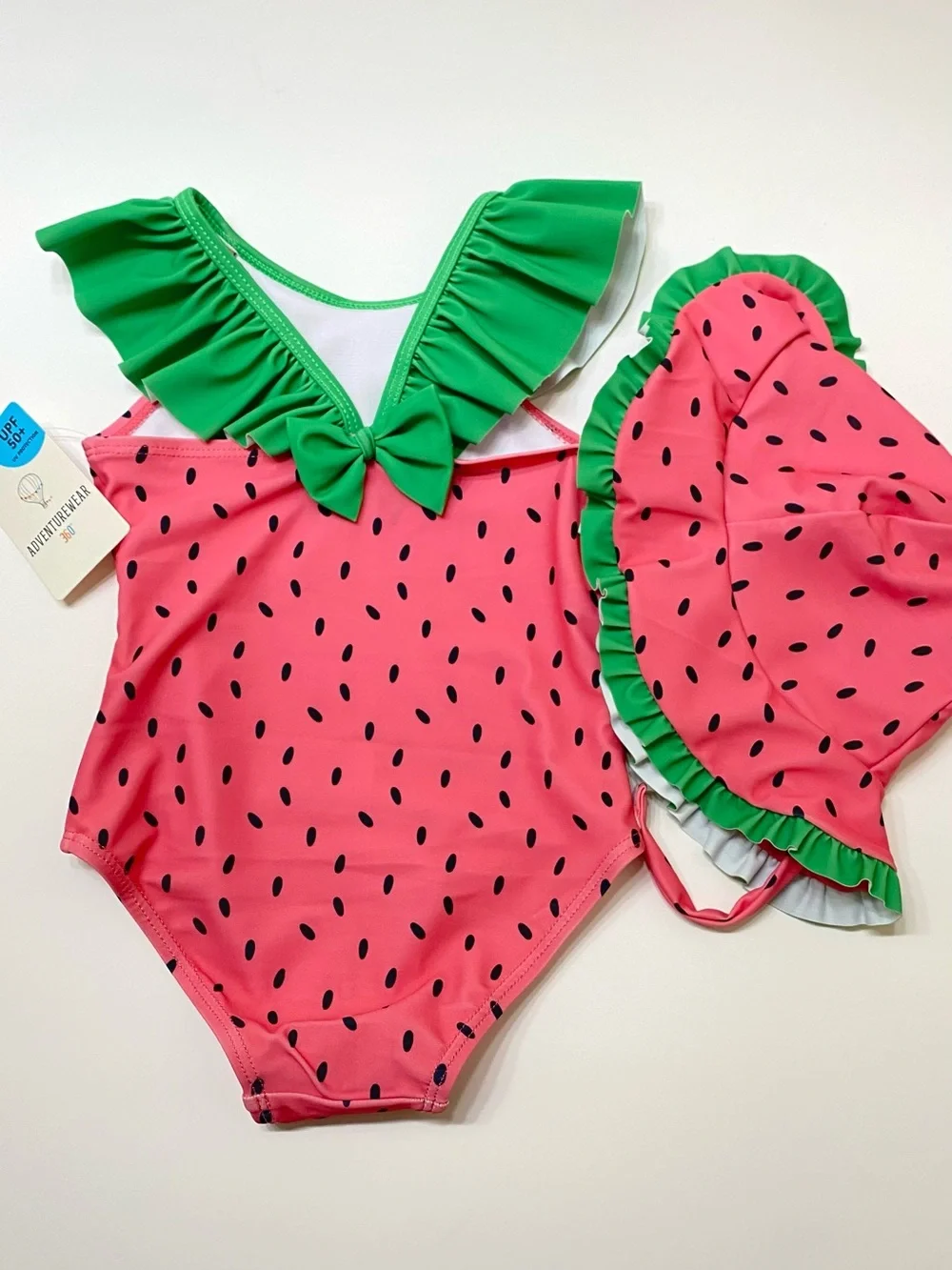 Watermelon Ruffle One-Piece Swimsuit with Matching Sun Hat - Pink/Green